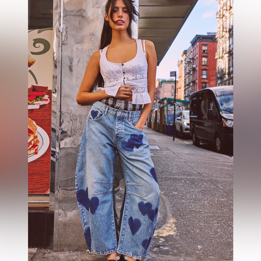 We The Free People Shadow Patch Heart Barrel Good Luck Jeans